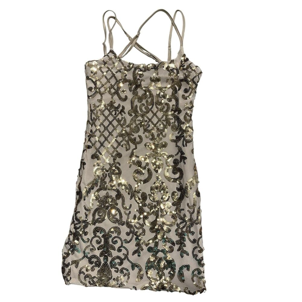 Camellia Sequin Mini Dress Gold Nude Spaghetti Strap Bodycon Size Small